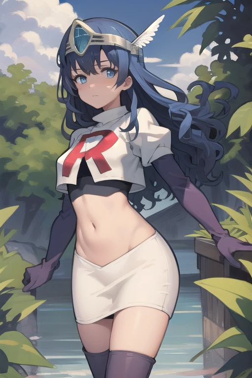 best quality, (masterpiece:1.2), illustration, absurdres,
(1girl, solo), (beautiful detailed girl),
blue hair, long hair, wavy hair, blue eyes, medium breasts,
winged visor, wing ornament, team rocket,team rocket uniform,white skirt,red letter R,crop top,black thigh-highs,black elbow gloves, looking at viewer,
magical forest, flowers, sky, clouds