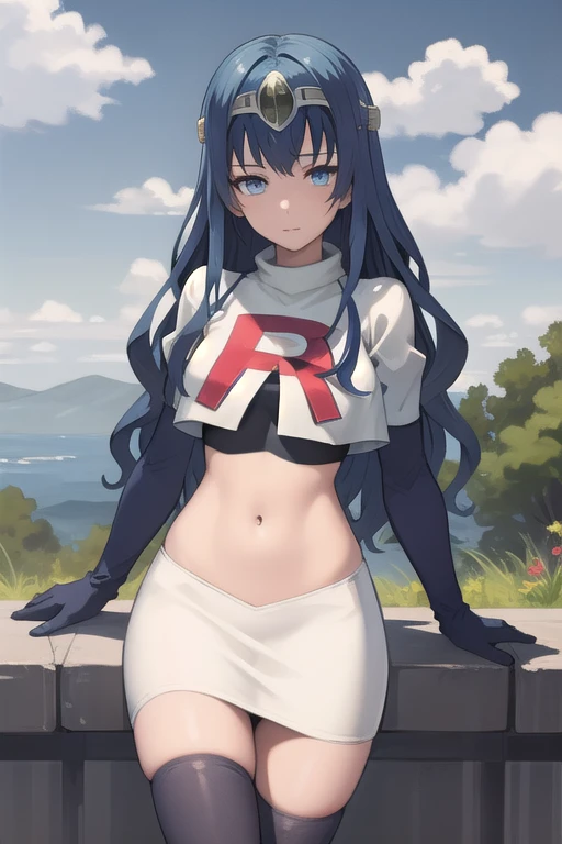best quality, (masterpiece:1.2), illustration, absurdres,
(1girl, solo), (beautiful detailed girl),
blue hair, long hair, wavy hair, blue eyes, medium breasts,
winged visor, wing ornament, team rocket,team rocket uniform,white skirt,red letter R,crop top,black thigh-highs,black elbow gloves, looking at viewer,
magical forest, flowers, sky, clouds