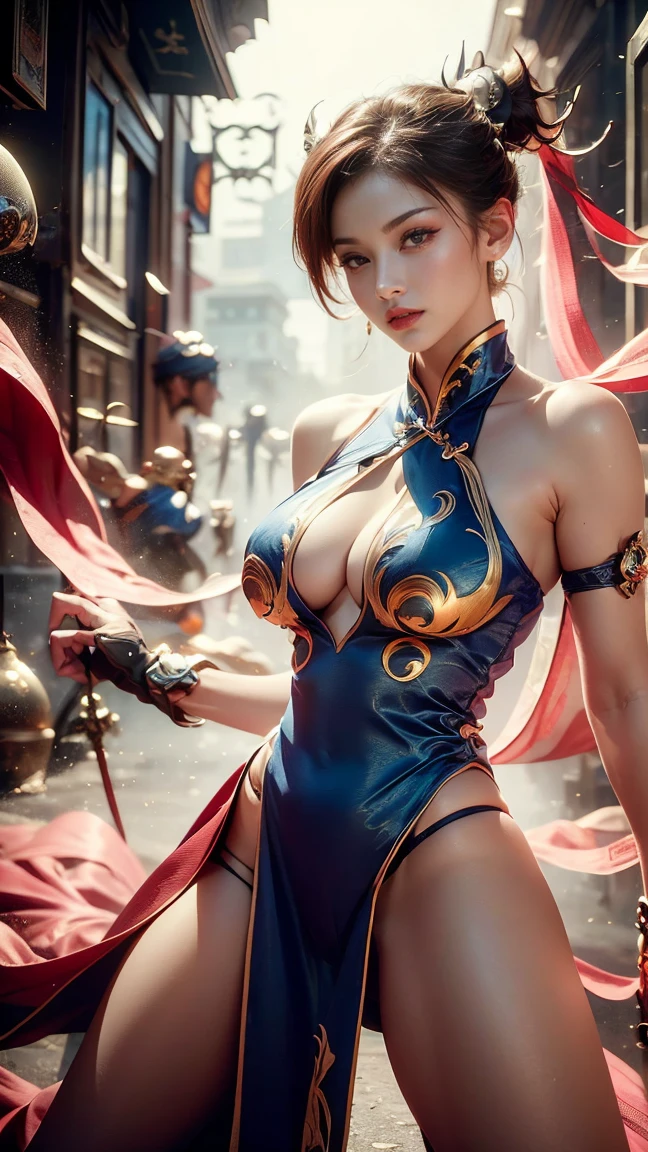 Create a hyper-realistic masterpiece of sexy Chun-Li, Goddess of beauty, she is adorable, has well-shaped lips. She is known for her classic and graceful beauty, defined body with sexy curves, sexy waist, slim leg, the iconic character from the sixth Street Fighter game. Capture your dynamic fighting stance and powerful kicks with exquisite detail. (sexy cheongsam clothes, erotic pink armor costume, pink micro panties, pink transparent micro panties showing pussy, pussy showing, big natural breasts, big breasts showing, chun-li hot erotica). The image should be in high definition (hard disk) and rendered in stunning 8K resolution, showing all the intricate features and textures. Pay attention to the fine details of Chun-Li's costume, including her traditional qipao dress and unique ox horn hairstyle. Use dramatic lighting to increase the intensity of the scene, enhancing its strength and determination. This photographic request aims to immortalize Chun-Li as a true work of art, showing her beauty, her toned, sensual body, Grace and prowess in the martial arts. Focus on character, Heroic image
