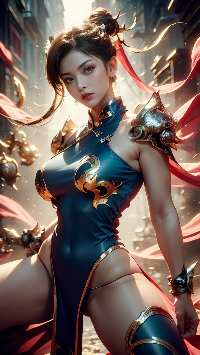 Create a hyper-realistic masterpiece of sexy Chun-Li, Goddess of beauty, she is adorable, has well-shaped lips. She is known for her classic and graceful beauty, defined body with sexy curves, sexy waist, slim leg, the iconic character from the sixth Street Fighter game. Capture your dynamic fighting stance and powerful kicks with exquisite detail. (sexy cheongsam clothes, erotic pink armor costume, pink micro panties, pink transparent micro panties showing pussy, pussy showing, big natural breasts, big breasts showing, chun-li hot erotica). The image should be in high definition (hard disk) and rendered in stunning 8K resolution, showing all the intricate features and textures. Pay attention to the fine details of Chun-Li's costume, including her traditional qipao dress and unique ox horn hairstyle. Use dramatic lighting to increase the intensity of the scene, enhancing its strength and determination. This photographic request aims to immortalize Chun-Li as a true work of art, showing her beauty, her toned, sensual body, Grace and prowess in the martial arts. Focus on character, Heroic image