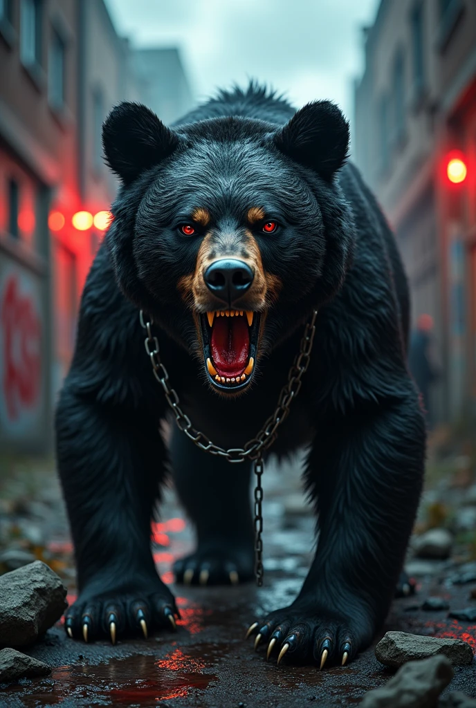 Bad dark punk anarchist bear with chains bloody fangs 