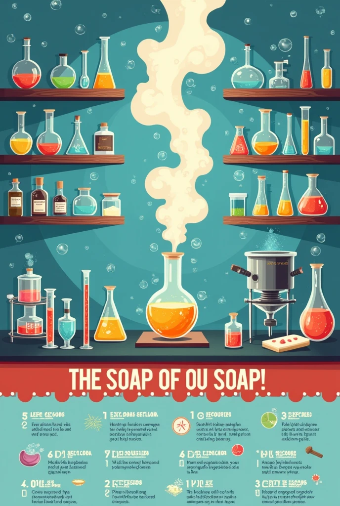 Draw a poster of making soap in a laboratory,No characters appear,Reflect the experimental process