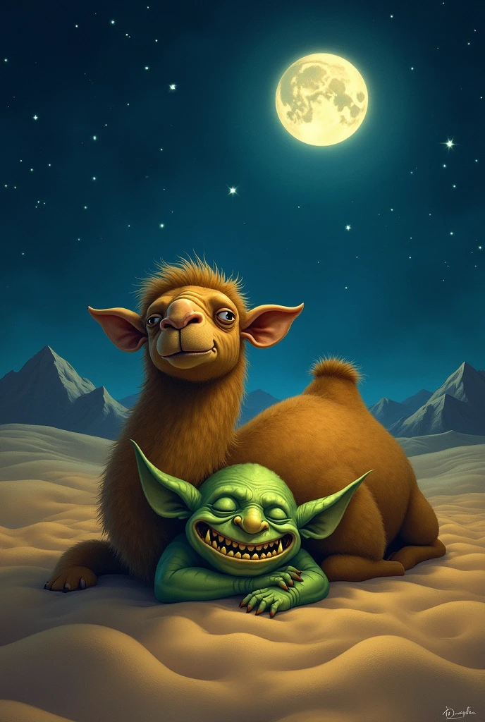 An ugly goblin and a very humped camel sleeping together at night