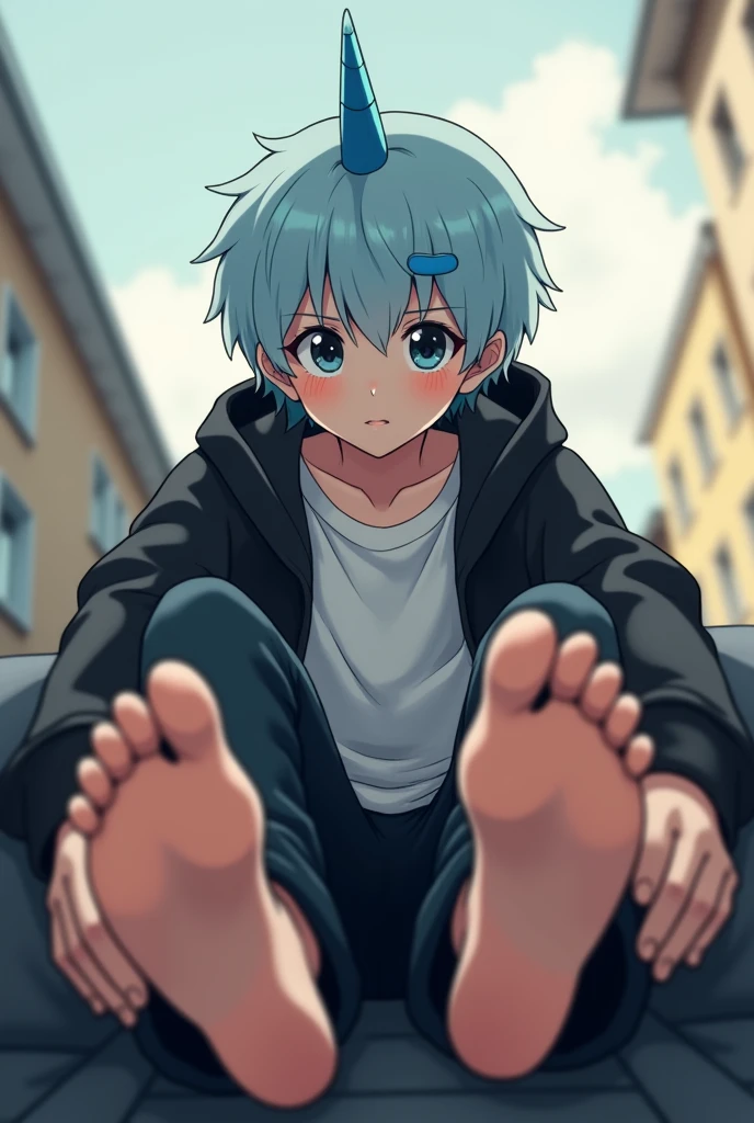 A cute boy showing his stinky feet low angle,barefoot, Foot Focus,White T-shirt,Foot Focus,Sweating on the soles of the feet, Black Hooded Jacket, There are bangs between the eyes,short hair,Light blue hair, Black pants, Anatomically correct, There is a single blue horn in the middle of the head, black eyes, Looking at the audience,Confuse,Sitting on another man's body,Sitting on his body,Sitting on the audience's body,Cute boy's ass sits on another man's body,Subjective perspective。First Perspective,The boy sits on your body,Sit on your belly,The audience needs to see their own body from the First Perspective,Audience members wearing white shirts,