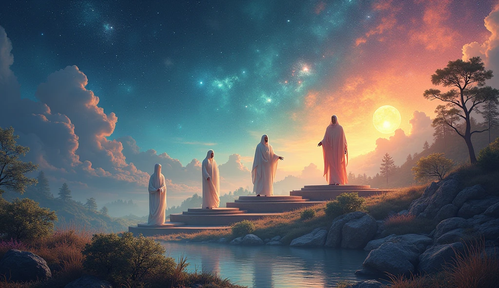 1. Timeline of Yugas: Illustrate the duration of each Yuga in "divine years" and "earth years" as described.

• Satya Yuga: 4800 divine years (1,728,000 earth years)
• Treta Yuga: 3600 divine years (1,296,100 earth years)
• Dvapara Yuga: 2400 divine years (864,000 earth years)
• Kali Yuga: 1200 divine years (432,000 earth years)