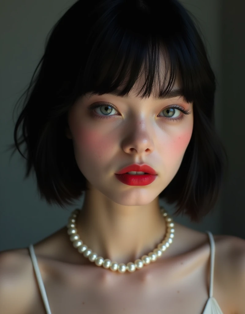 (RAW photo, best quality, masterpiece: 1.2), (photorealistic: 1.4), (Polish girl, 20 years old, black hair, Light grey eyes, short bob cut, hair in 7 thirds, hair over one ear, Symmetrical eyes, fair skin, solo, Detailed Skin, rip gloss, blush:1.1), Bright red lips, slightly upturned face, large pearl necklace, wet hair, looking away, simple background, close-up of face, nude, cinematic lighting