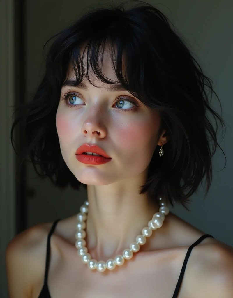 (RAW photo, best quality, masterpiece: 1.2), (photorealistic: 1.4), (Polish girl, 20 years old, black hair, Light grey eyes, short bob cut, hair in 7 thirds, hair over one ear, Symmetrical eyes, fair skin, solo, Detailed Skin, rip gloss, blush:1.1), Bright red lips, slightly upturned face, large pearl necklace, wet hair, looking away, simple background, close-up of face, nude, cinematic lighting