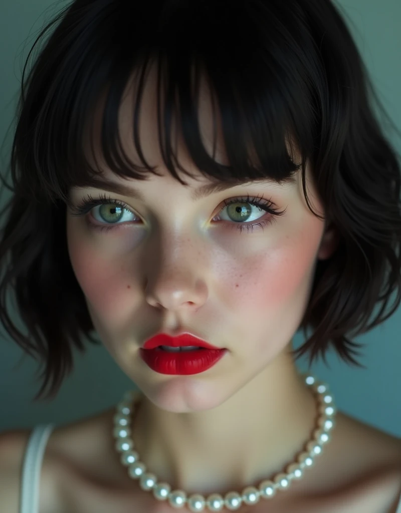 (RAW photo, best quality, masterpiece: 1.2), (photorealistic: 1.4), (Polish girl, 20 years old, black hair, Light grey eyes, short bob cut, hair in 7 thirds, hair over one ear, Symmetrical eyes, fair skin, solo, Detailed Skin, rip gloss, blush:1.1), Bright red lips, slightly upturned face, large pearl necklace, wet hair, looking away, simple background, close-up of face, nude, cinematic lighting