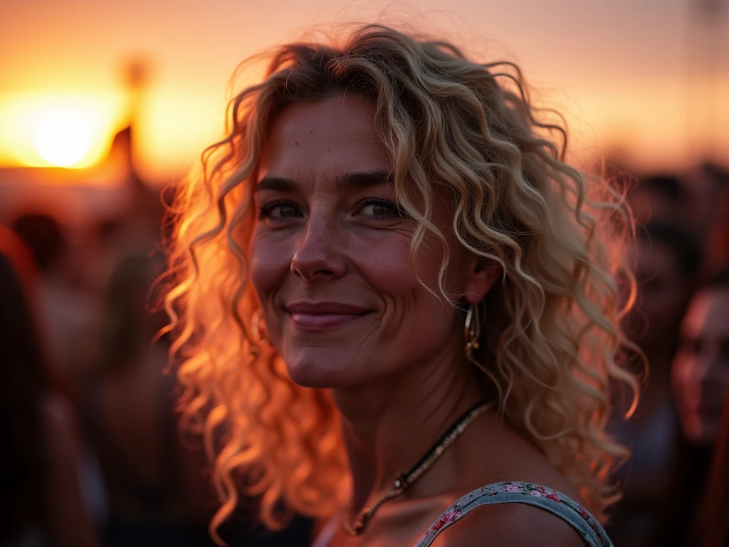 half-body view , cellphone photography of a mature mom with curly blonde hair at a music party, sunset on Background, freckles on face. f8.0, noise on image, poor lighting, low light, underexpose,