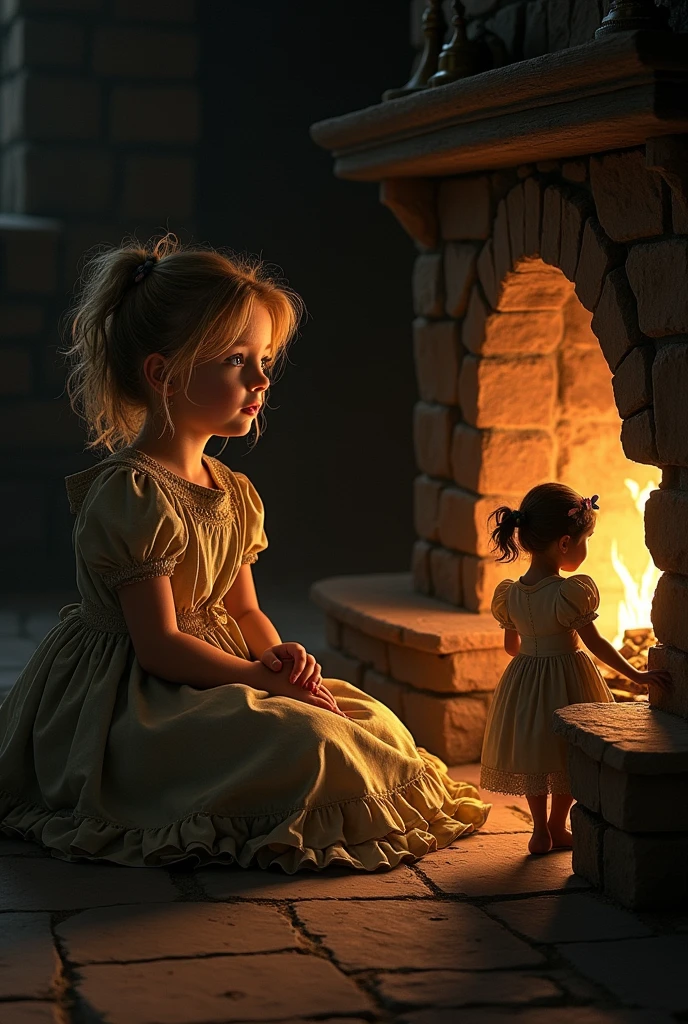 A girl of about , blonde and blue eyes, Abused and neglected in a cold corner, while watching two little girlof the fireplace playing with dolls and well groomed. They are the characters from the book Les Misérables