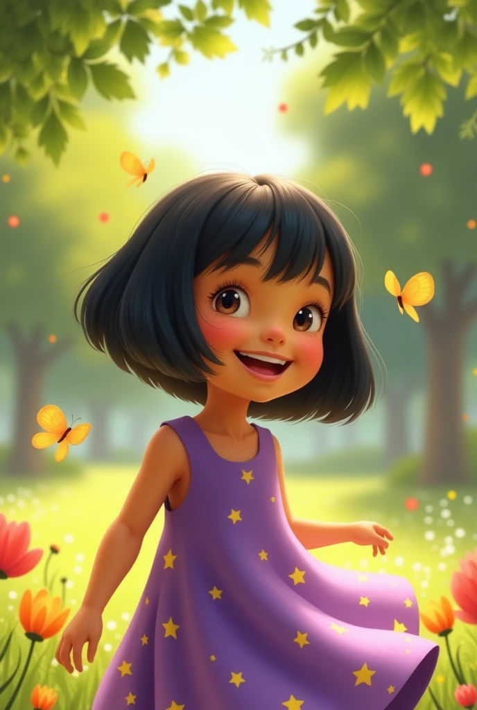 A look at an 8 year old with short black bob hair ,with yellow skin and purple dress