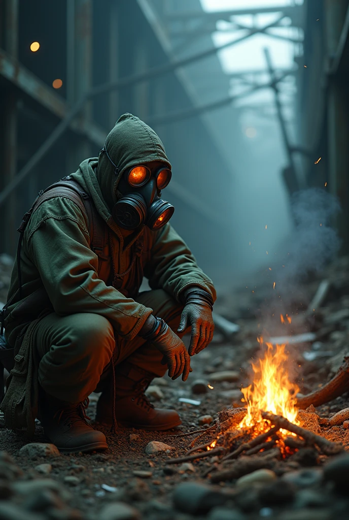 Make a loner with a gas mask, searching artifacts(from stalker anomaly), and a campfire