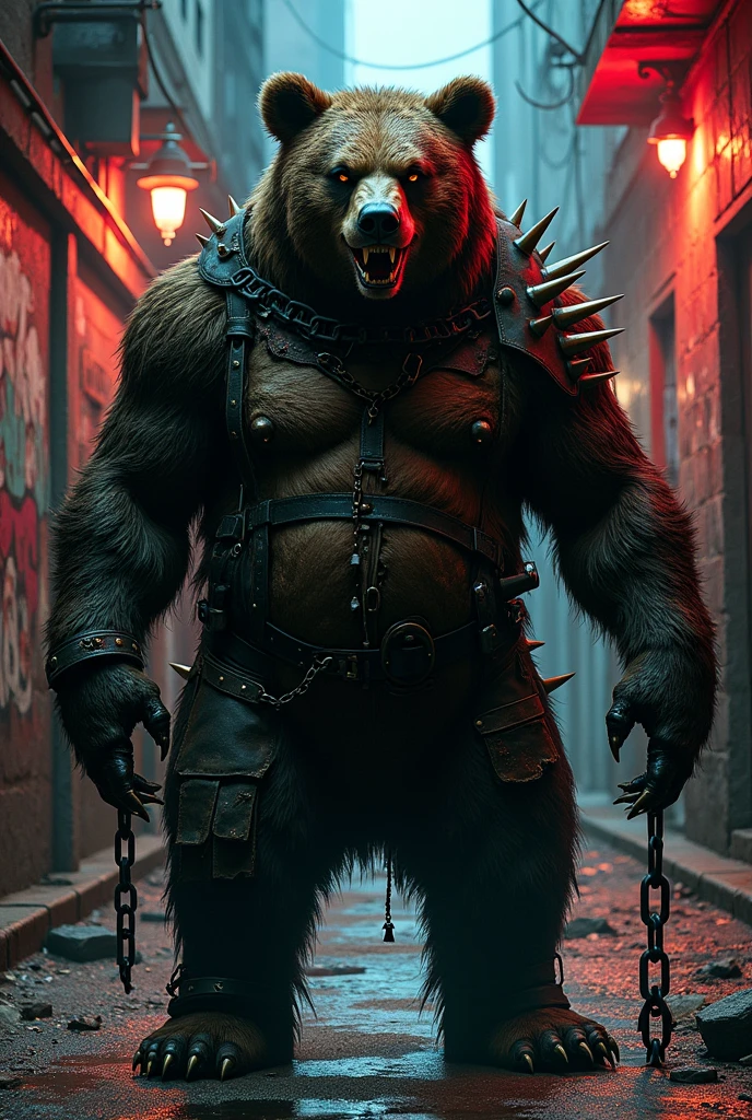 Bad dark punk anarchist bear with chains bloody fangs 