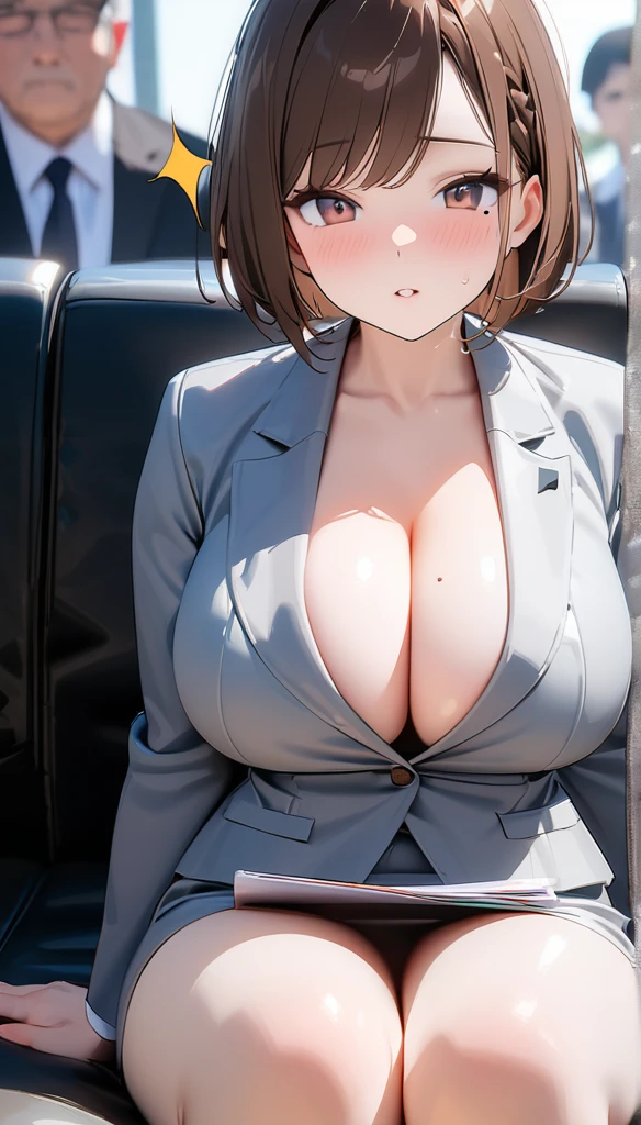 score_9, score_8_superior, score_7_superior, score_6_superior, break, One person男, 50 years old, expensive, average body shape, suit, (Sitting, out of frame:1.4), break 1,
(One person),(Best image quality, 8k, masterpiece:1.3), Anatomically correct, ((Brown hair bob cut:1.1)),(Swept-apart bangs,), (Cute eyes, Dark Eyes), (Mole under right eye), (thin), (Large Breasts),(Glowing Skin:1.1),(Pale skin:1.2),(Fantasy atmosphere),(見superiorげる),Ultra-high resolution, Textured skin, Sparkle Effect, Fantasy,Bright Eyes,Cleavage,Braid, short, Slender and horny, Brunette, wear (Tight gray skirt:1.1), (Tight white sleeveless blouse:1.2), (Black lace bra,Black lace panties),(Black high heels:1.0), break, Luxury Office, Big CEO table, (Kneel, Under the table:1.2), Perfect Proportions, throw,Eat a bread roll,Saliva stringing,