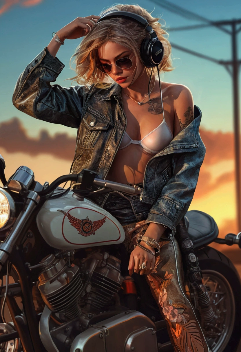 close up girl in transparent bra, sitting on a motorcycle with headphones on, beautiful digital images, фотоrealistic art style, Great digital art with details, stunning digital illustration, realistic art style, photorealistic art style, James Gurney's painting style, Phone Background, beautiful works of art, stunning detailed art style, digital painting with high detail, Motorcycles, in digital illustration style