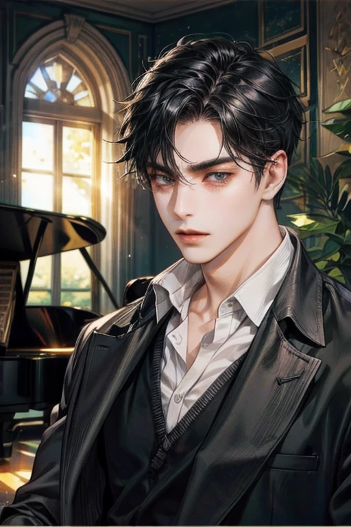 Man with black hair and grey eyes, Piano