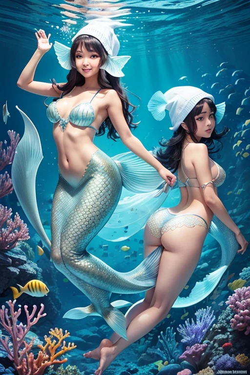A sexy 13-yr Asian girl is(( wearing a fish cap hat))(( wearing transparent  mermaids costume sexy full body detail anatomy figure)), wearing transparent one piece scally detailed on skin, wearing scally fish like skin texture body, lifting up plump pussy , wavy blue short hairstyles from the flow water, ((having fish tails instead of toes))( fish fins ears))(scally fish arms, torso, bottom, face, neck, shoulder & legs))((showing feets near camera)) (accurate details of hands & fingers)) hard big errect nipples, open legs splitting position,exposed pussy line, exposed panties, exposed pussyline, smiling with teeth exposed. Sparkling gray eyes, charms, face details & fucos skin texture colored blue, swimming under the ocean showing corals, urchins, fish, turtle, whale, bubbles of air for accurate background masterpiece ((with full blue gemstone illuminating fish like scales skin textured all over her body)) ((with gills)) swimming with ocean current waves under the sea,( many different perspective view character profile  , front view, side view, rear view, of same face & clothing girls posing deferent angle))(( perfect details of mermaid body and tail fin anantomy))