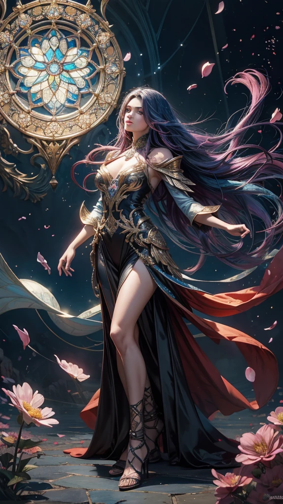 tide play,luxray, split color hair, wind, flying petals, stainedglassai, ornamental, intricate details, dufkova, 2d, lineart, watercolor, ink watercolor, random color hair, super long hair, wavy, 1girl,alraune,flower, alraune, detailed, intricate, perfect lighting, perfect shading, (flat color:1), (2D:1), (masterpiece, award winning, best quality:1.25), (mature adult:1.3)