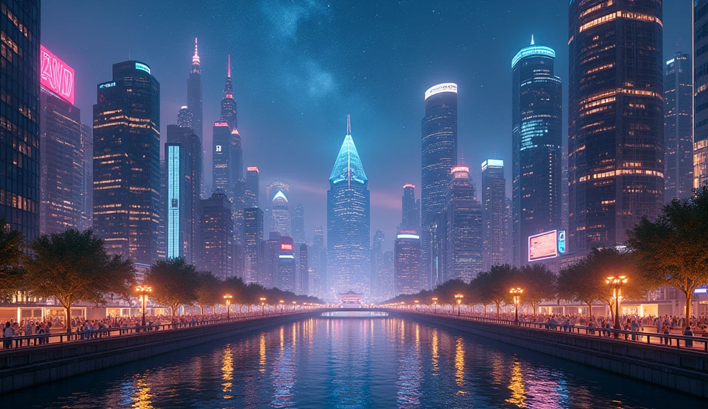 Ultra Future City、Futuristic skyscrapers line the streets、The name is Big City、A pyramid-shaped building towering over the city center。One side of the square is the business area、Another side is the science area、The other side is the residential area。The canal that runs through the heart of the city occasionally floods.、It's called Jack the River.。Night View