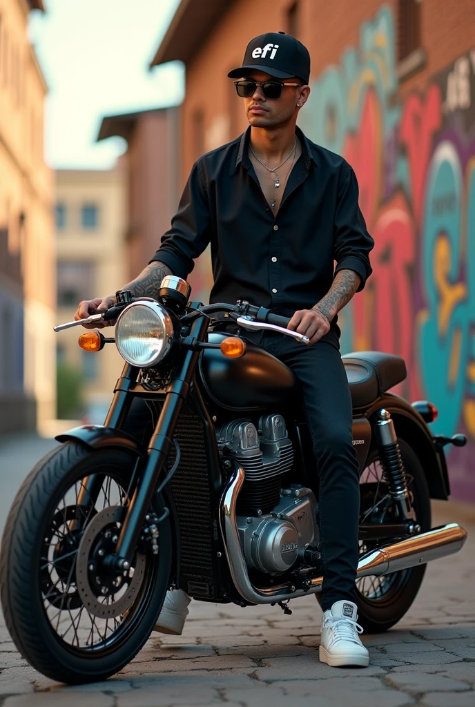 3d photo sitting on an RX-King motorbike wearing a black shirt, white All Star shoes, black hat with Efi written on it