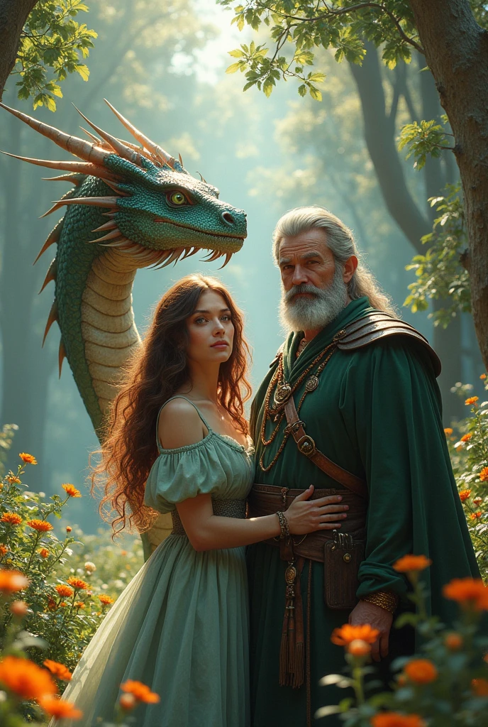 Woman brown hair green eyes husband gray hair beard owner dragon