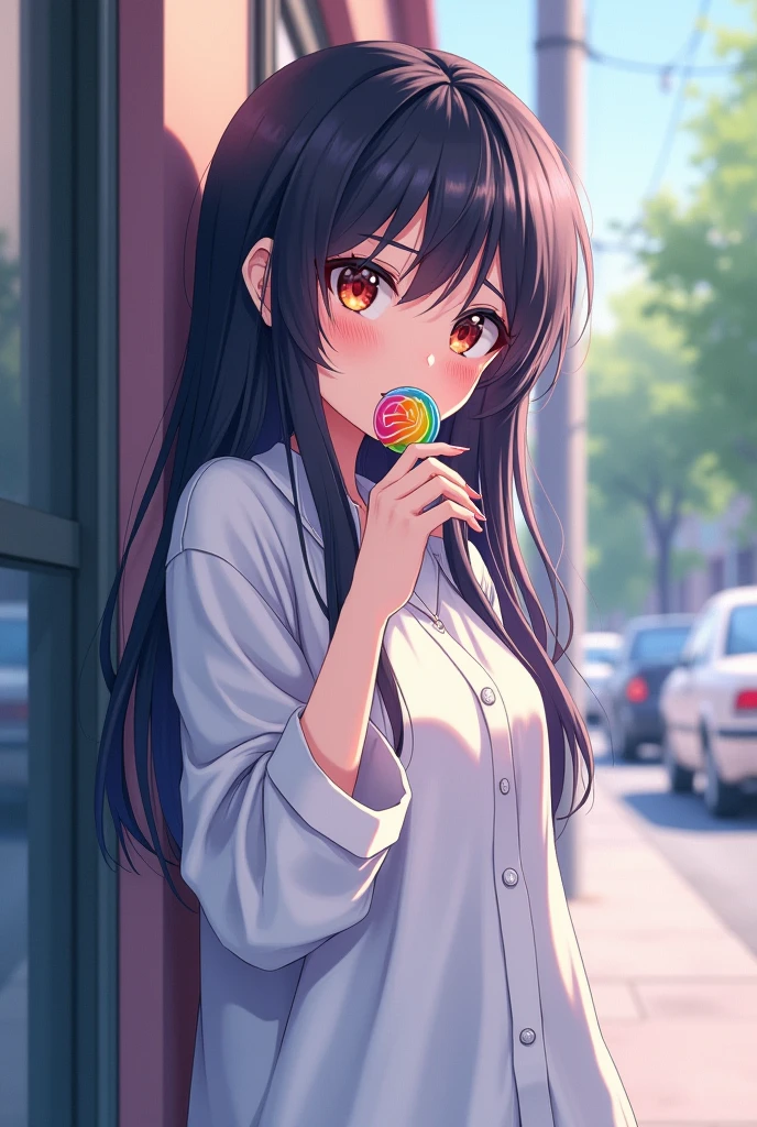 An anime girl, ruffled long hair, dark hair beautiful, lazy look, sucking on lollipop, bored eyes, oversized white shirt, half body
