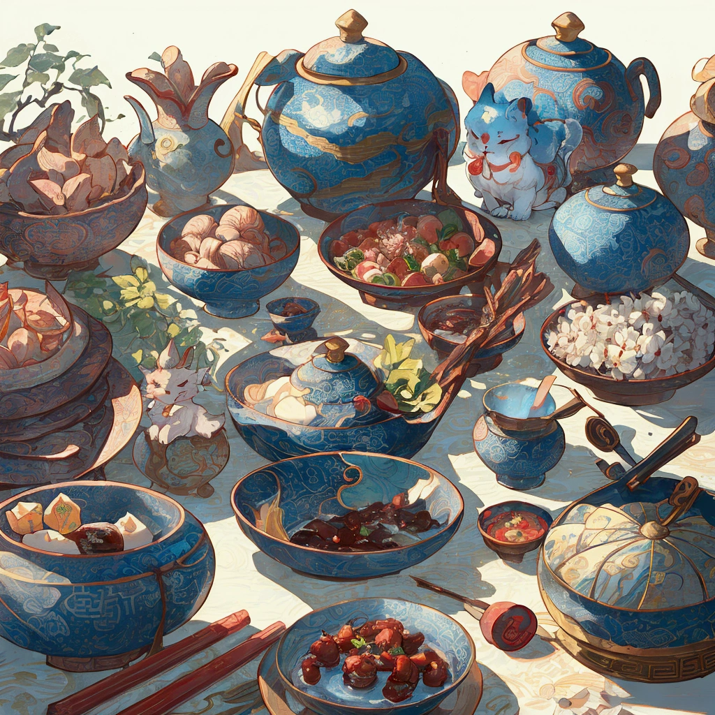 The table is filled with various bowls and food。, Amazing food illustrations, by Yun-Fei Ji, author：Xia Gui, Detailed fan art, by Zou Yigui, Gong Xian, author：Toth Wu, The table is full of food, by Liang Kai, Chen Jiru, by Sheng Maoye, author：Chen Zhou, Very detailed and beautiful fan art