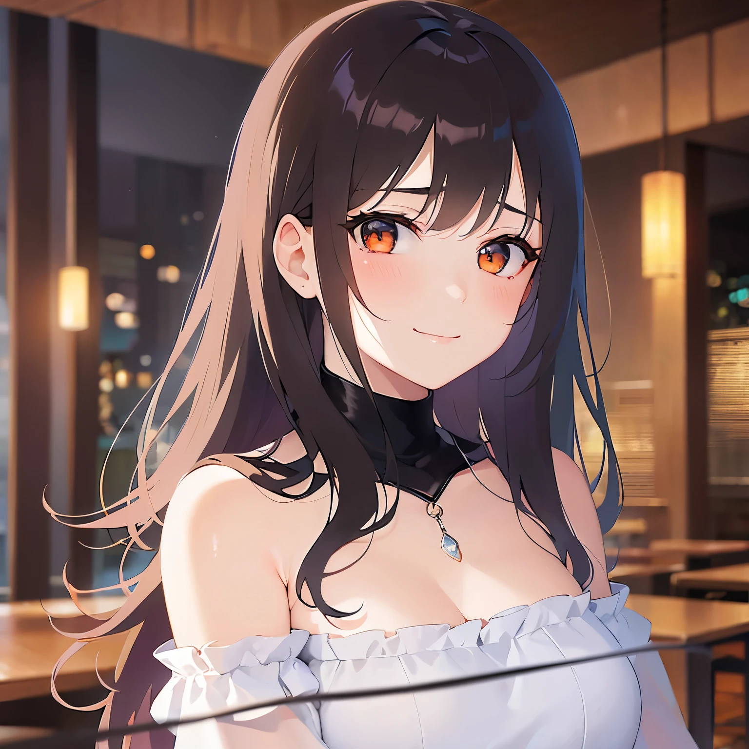 Upper Body, Realistic, real person, Cleavage、(pale skin: 1.2), RAW photo, photorealistic, shiny skin, shiny hair、(A 25-year-old woman with medium-length hair and bangs) and (wavy hair) and (brown hair) and (orange eyes) , Wearing a white off-the-shoulder blouse 、(Sad smile:1.5), tears, The background is the interior of a restaurant at night.、Alone、Are standing