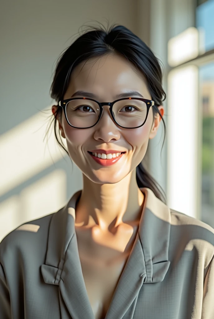 A middle-aged, pale-skinned, naked Japanese woman wearing glasses。Smiling and facing forward。He has black hair combed back。