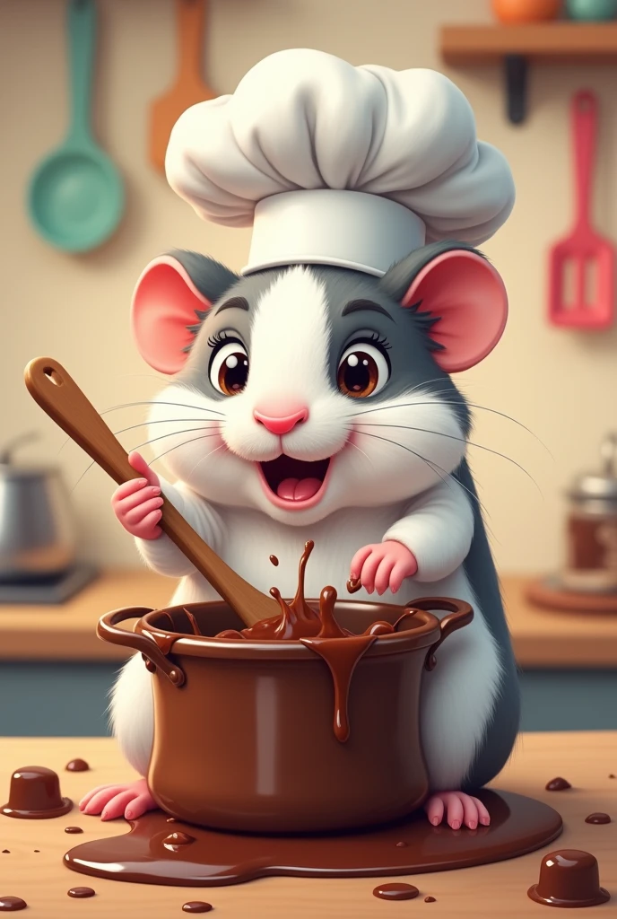 Create a 2D logo of a Hamster with very messy white and gray fur wearing a chef's hat stirring a pot of chocolate with a wooden spoon