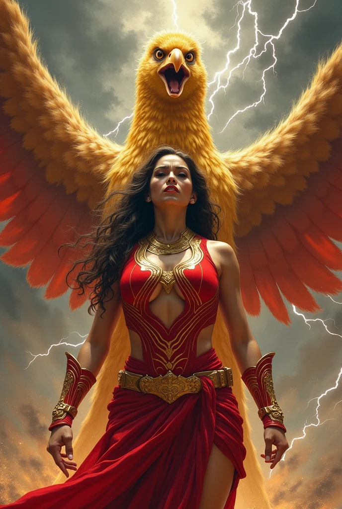a sexy muscular thick woman wearing a red Garuda armor with golden lines, angry, in the background there is a giant golden screaming  Garuda spirit and thunder storm