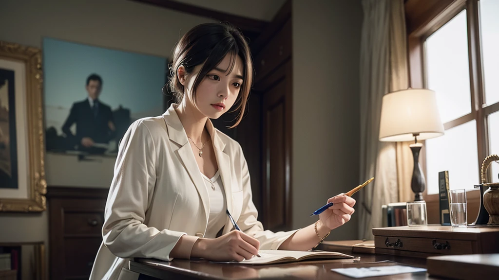 A woman investigating、A woman wearing a suit、Boy Painting、4K、((Masterpiece))、(Delicate)