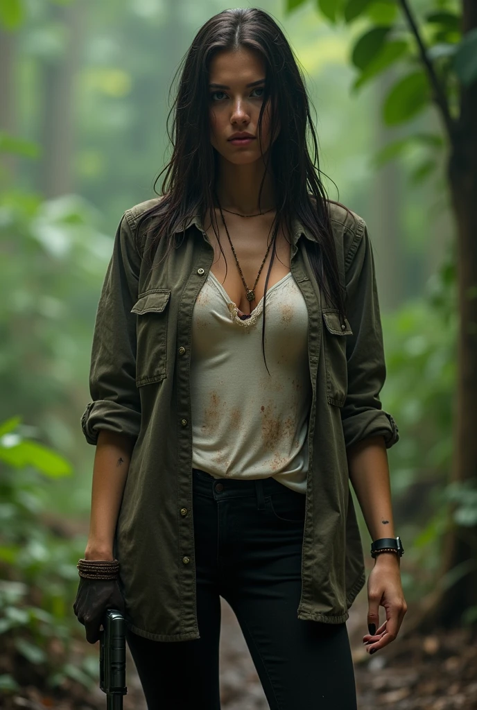 A photo of the moment a gun is fired, aimed at the camera、Full born body image from head to toe,A very beautiful and glamorous 38-year-old female agent、She's lost in the jungle with a muddy pistol to escape her enemies.、A tattered, ripped, muddy flannel shirt and a white tank top、Black tight pants and trekking boots、dark brunette One-length Perfectly straight very long wet Messy hair,A bruised and exhausted face and body、Very large, pendulous breasts、a perfect glamorous mature woman's proportions、super realistic mature's body and skin,very huge sagging tits,very glamorous sexy plump figure,Full born body image from head to toe,Holding a gun and firing、Smoke from the gun barrel、Voluptuous body、sagging very huge tits,My whole body was soaked by the squall、hard rain falling,Clothes with lots of blood stains、Abrasions and cuts、Covered in mud、large cleavage of the chest、