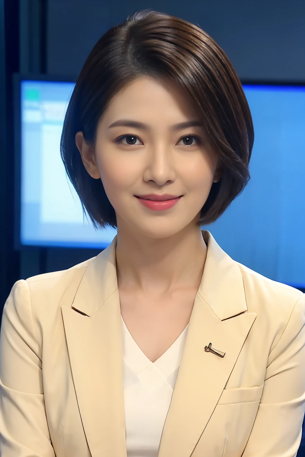 Best image quality、Ultra-high resolution、1 person、Beautiful Face、short hair、Announcer wearing a tight long-sleeved suit、Sitting in the studio、news caster