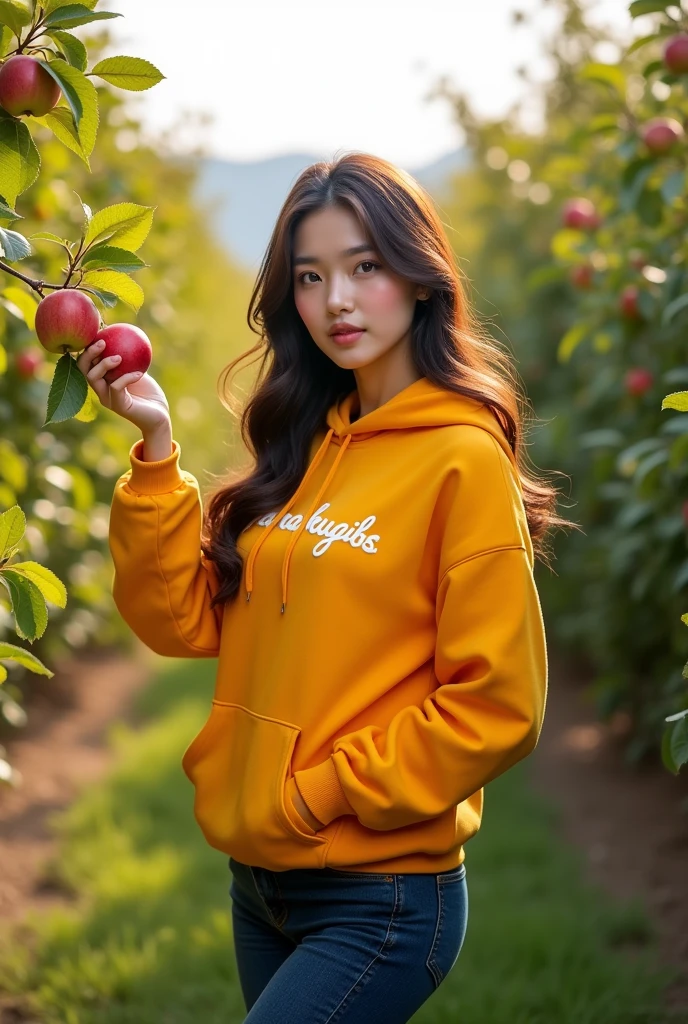 Beautiful white Korean woman with clean, smooth skin wearing a yellow orange hoodie, mamaskygibs logo, dark blue jeans, sandals, looking straight ahead picking apples, apple tree, with apple orchard in the background, original photo