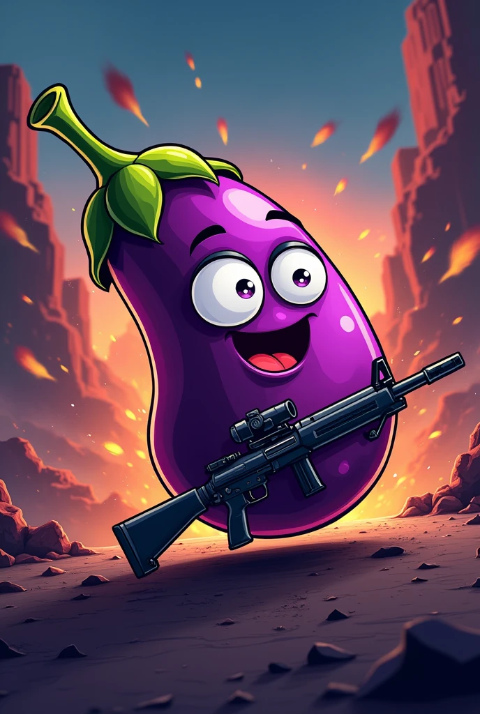Make me a logo of brinjal with face in BGMI theme with m416