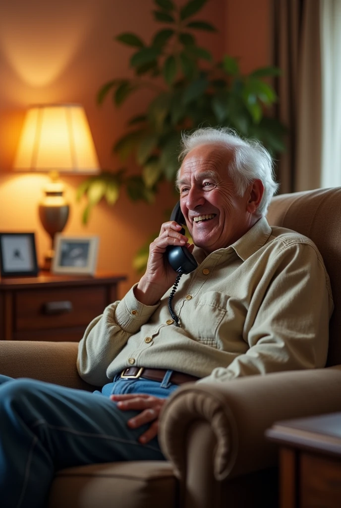 Image description:
1.	Main theme:
o	an older adult contestando un teléfono fijo con chip para Facebook
2.	Composition:
or Person: an older adult, smiling and happy, using a landline. The expression should convey satisfaction and tranquility..
or Landline Telephone: It should be clearly visible and look modern., but simple, to reflect that it is designed for ease of use.
the Environment: The environment can be cozy and familiar, like a living room or a kitchen. Make sure the environment is comfortable and homey.
3.	Additional Details:
or Interaction: The older adult should be holding the telephone receiver in a natural manner., showing that he is in a conversation.
or Accessories: You can add details such as a comfortable armchair or a nearby table to make the environment more realistic and cozy..
or Colors: Use warm and soft colors to convey a feeling of comfort and accessibility..
4.	Optional Text:
o If you decide to add text to the image, You could include a short message like: “Connecting generations with ease. 📞 Bonus Solutions Ecuador.”
