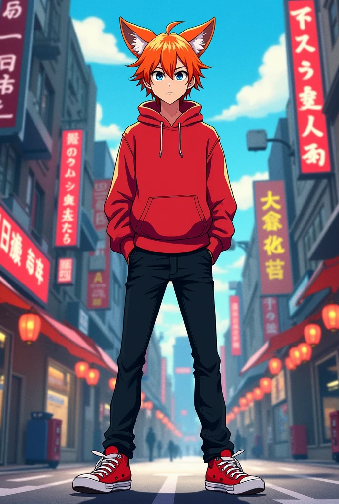 Teenage boy with red sweatshirt and black pants and with orange hair, With red All Star sneakers and fox ears and tail, anime