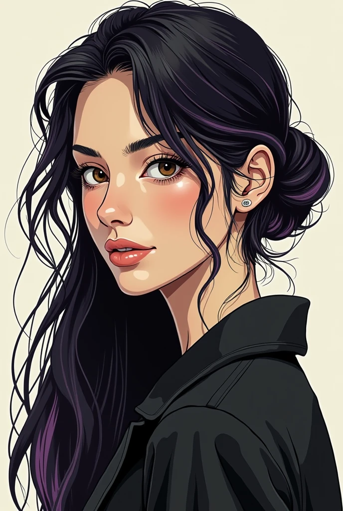 20 year old college woman would be she has long and very dark hair, with a few purple lighting points. Eyes in a dark brown shade, she usually has a loose bun, wear clothes in neutral colors (usually makes a play with black and gray and white details, It has a kind of dark academia style, no back ground, graphic novel art style