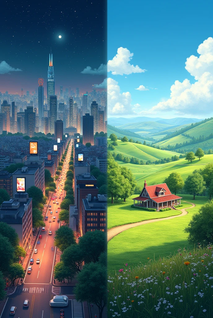 Make a image showing similarities between urban and rural areas