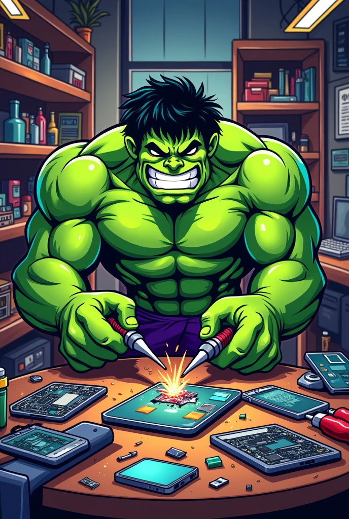 Make a logo where Hulk fixes cell phones
