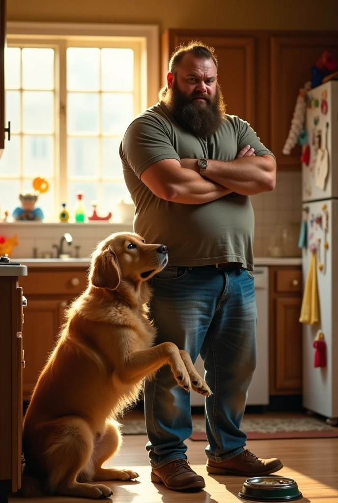 Dog trying to get food from his owner but get scolded from his man owner with very angry face