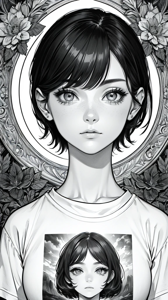 (hyperrealistic), (8K), (extremely detailed), (best illustration), (beautiful detailed eyes), (best quality), (ultra-detailed), (masterpiece), (wallpaper), (detailed face), solo, (t-shirt:1.1), looking at the audience, exquisite details, short hair, black hair, closed mouth, bangs, monochrome, greyscale