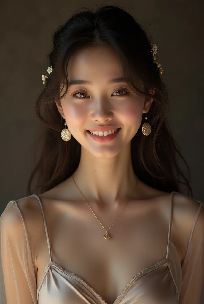 best quality, masterpiece, text "LOVE" in foreground, highres, 1girl, transparent silk china dress, beautiful face, hair ornament, looking at viewer, smile, closed mouth,lips, dress,hair ornament, necklace, jewelry, long hair, earrings, Beautiful face,upon_body, tyndall effect,photorealistic, dark studio, rim lighting, two tone lighting,(high detailed skin:1.2), 8k uhd, dslr, soft lighting, high quality, volumetric lighting, candid, Photograph, high resolution, 4k, 8k, Bokeh photo-realistic, 8k, highly detailed, full length frame, High detail RAW color art, diffused soft lighting, shallow depth of field, sharp focus, hyperrealism, cinematic lighting, a woman in a beautifully makeup, eyeshadow, beautiful big eyes, long eye lashes, wearing (Gray satin), loosely tide, ((Taupe satin kaftan)),