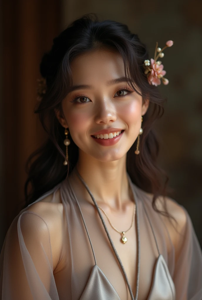 best quality, masterpiece, text "LOVE" in foreground, highres, 1girl, transparent silk china dress, beautiful face, hair ornament, looking at viewer, smile, closed mouth,lips, dress,hair ornament, necklace, jewelry, long hair, earrings, Beautiful face,upon_body, tyndall effect,photorealistic, dark studio, rim lighting, two tone lighting,(high detailed skin:1.2), 8k uhd, dslr, soft lighting, high quality, volumetric lighting, candid, Photograph, high resolution, 4k, 8k, Bokeh photo-realistic, 8k, highly detailed, full length frame, High detail RAW color art, diffused soft lighting, shallow depth of field, sharp focus, hyperrealism, cinematic lighting, a woman in a beautifully makeup, eyeshadow, beautiful big eyes, long eye lashes, wearing (Gray satin), loosely tide, ((Taupe satin kaftan)), 