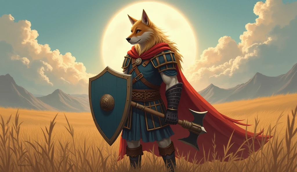 Light-haired Vulpera with small Axe and very large square Shield with Epic Horizon in the background realistic