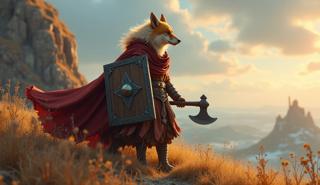 Light-haired Vulpera with small Axe and very large square Shield with Epic Horizon in the background realistic