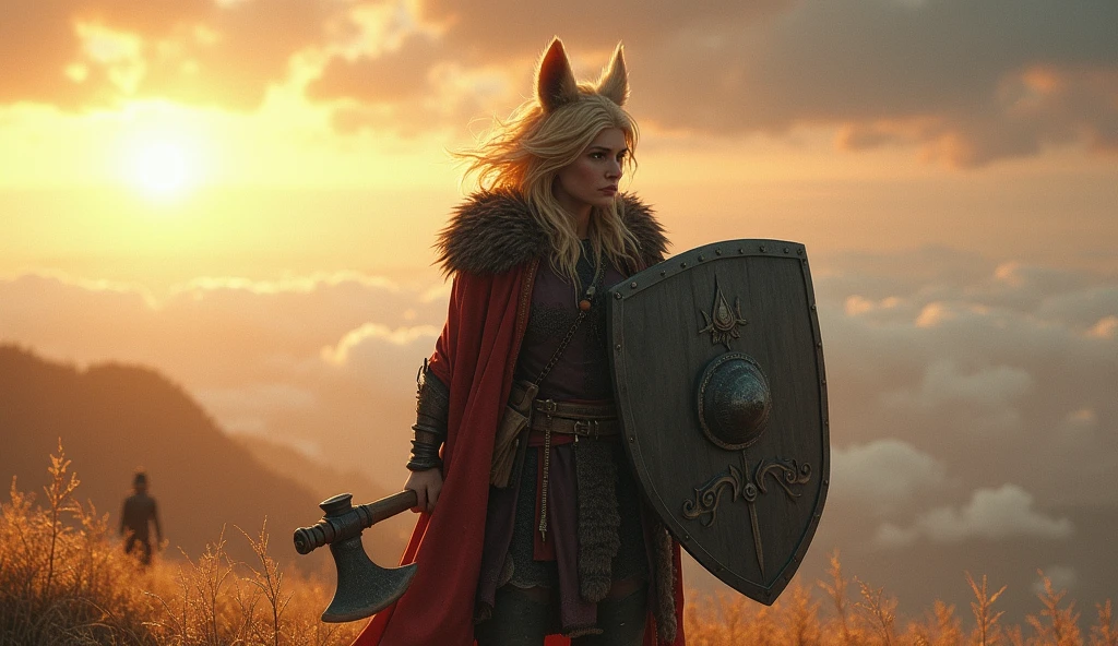Light-haired Vulpera with small Axe and very large square Shield with Epic Horizon in the background realistic