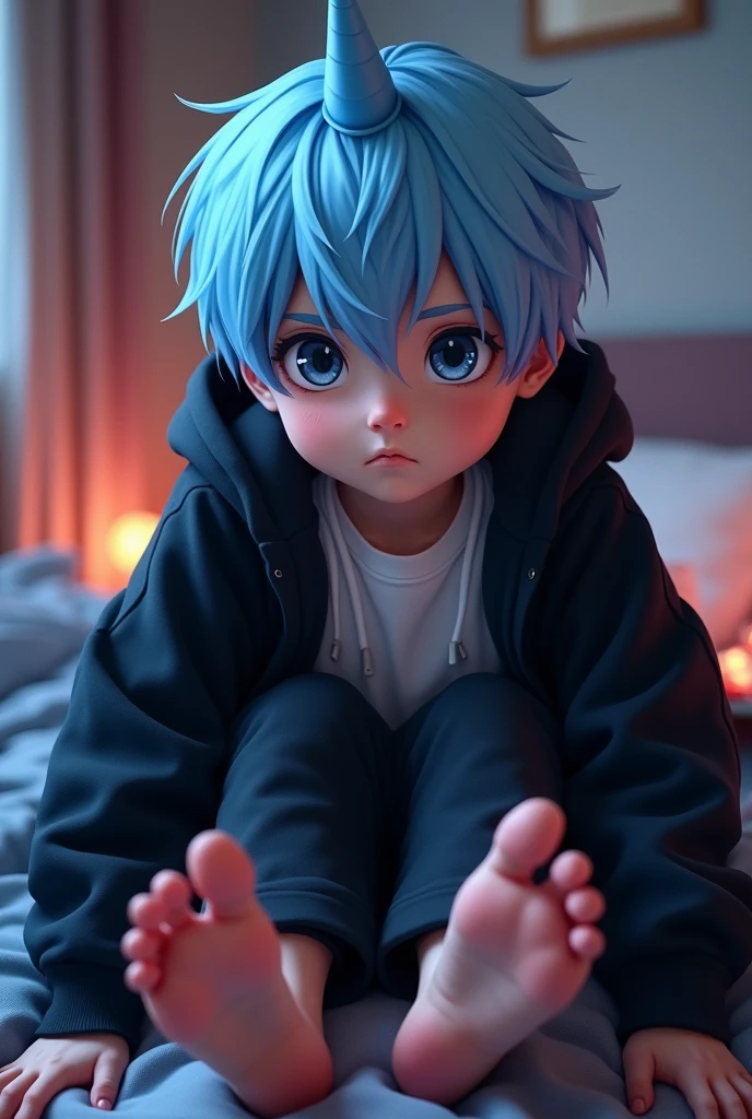 A cute boy showing his stinky feet low angle,barefoot, Foot Focus,White T-shirt,Foot Focus，Sweating on the soles of the feet， Black Hooded Jacket, There are bangs between the eyes,short hair,Light blue hair, Black pants, Anatomically correct, There is a single blue horn in the middle of the head, black eyes, Looking at the audience，Confuse，Sitting on another man&#39;s body，Sitting on his body，Sitting on the audience&#39;s body，Cute boy&#39;s ass sits on another man&#39;s body，Subjective perspective。First Perspective，The boy sits on your body，Sit on your belly，The audience needs to see their own body from the First Perspective，Audience members wearing white shirts，