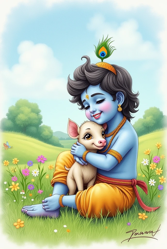 Krishna with little cow in sketch